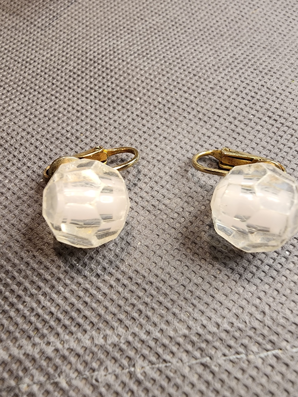 Mid Century Gold Clip-On Earrings with Faceted Lucite Acrylic  Beads